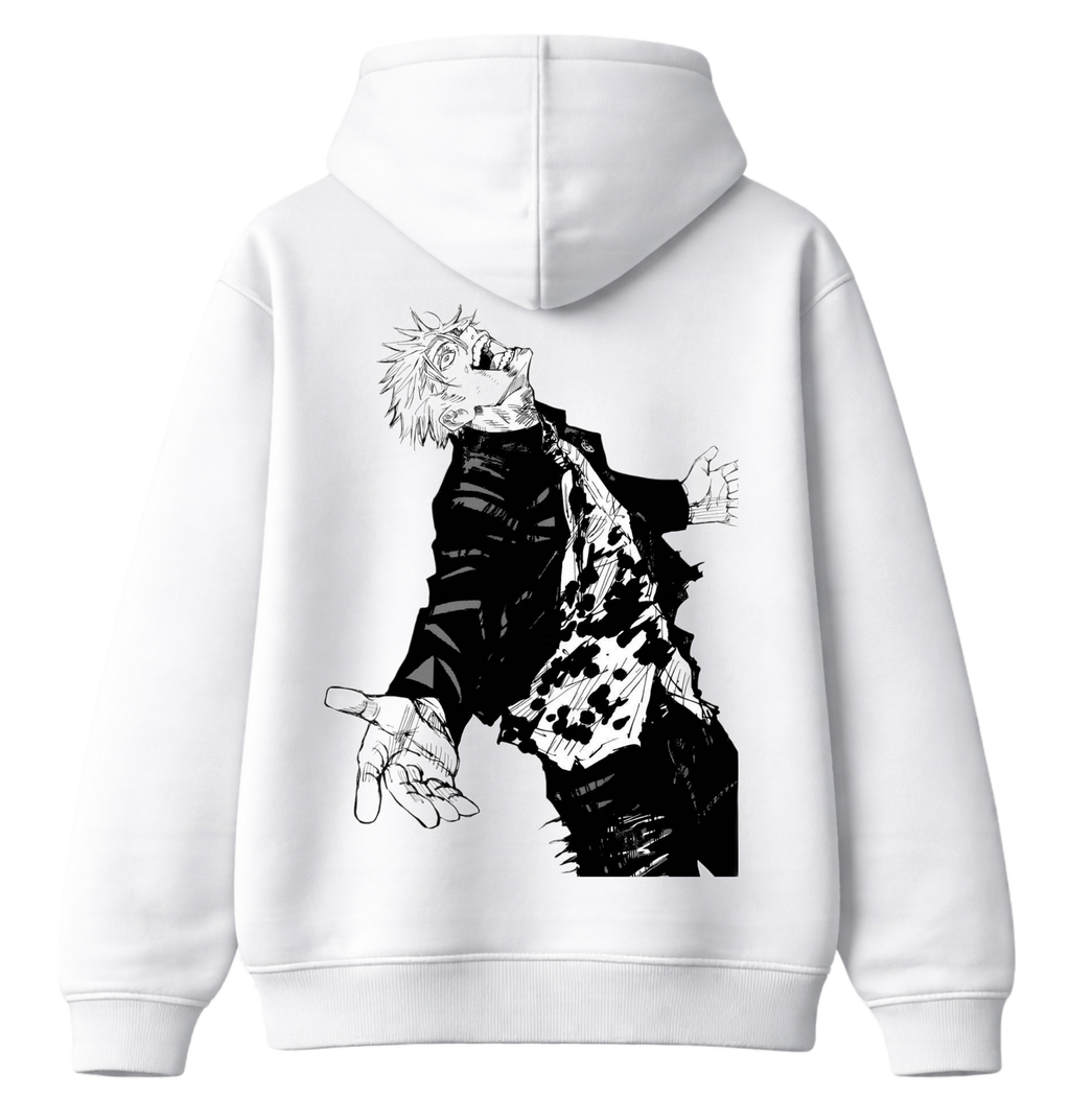 ScandiAnime Gojo hoodie featuring a detailed graphic print of Gojo Satoru from Untitled Project, casual and comfortable apparel.