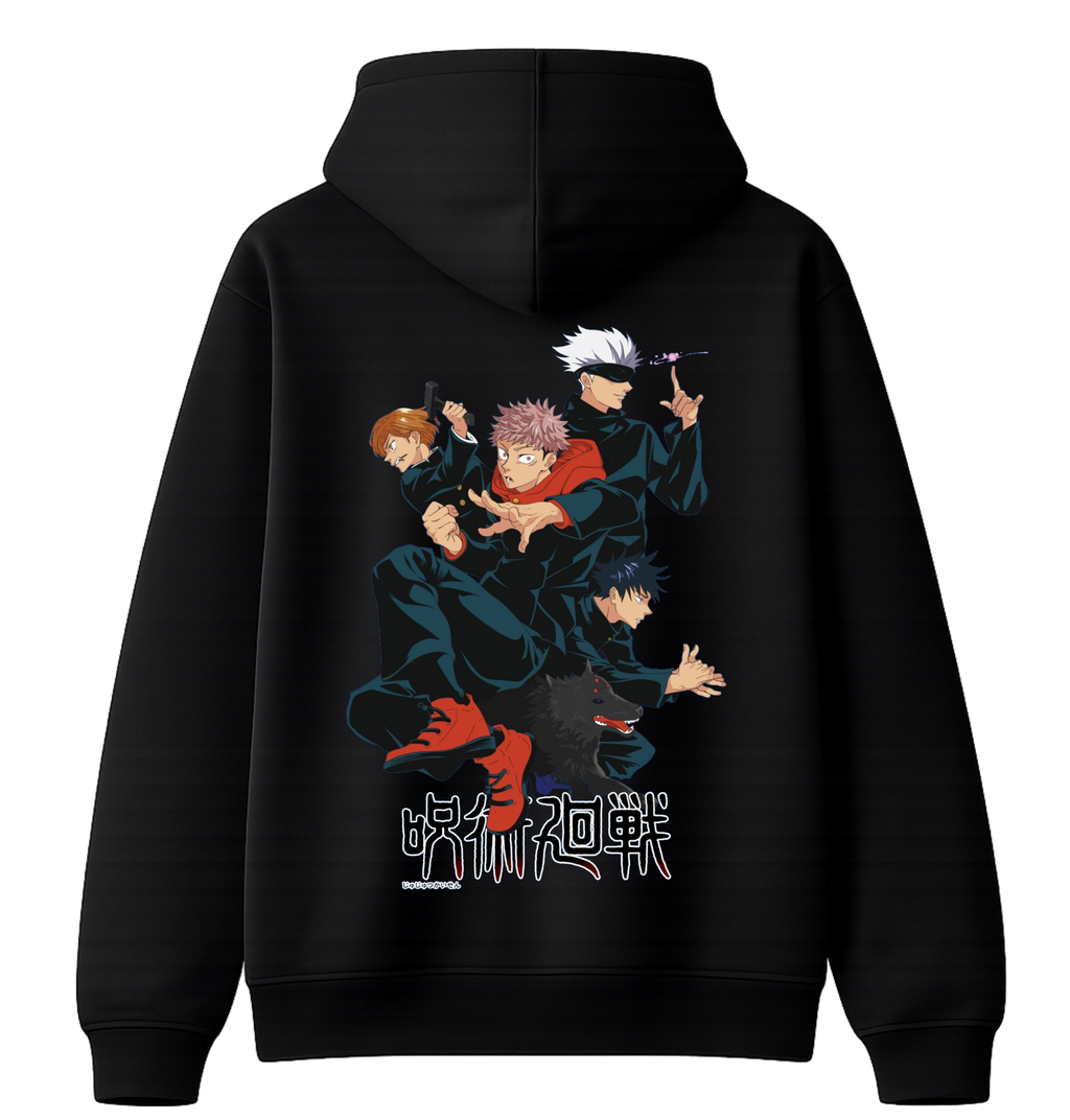 Black Jujutsu Kaisen hoodie by ScandiAnime featuring character artwork and comfortable hooded design.