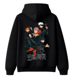 Black Jujutsu Kaisen hoodie by ScandiAnime featuring character artwork and comfortable hooded design.