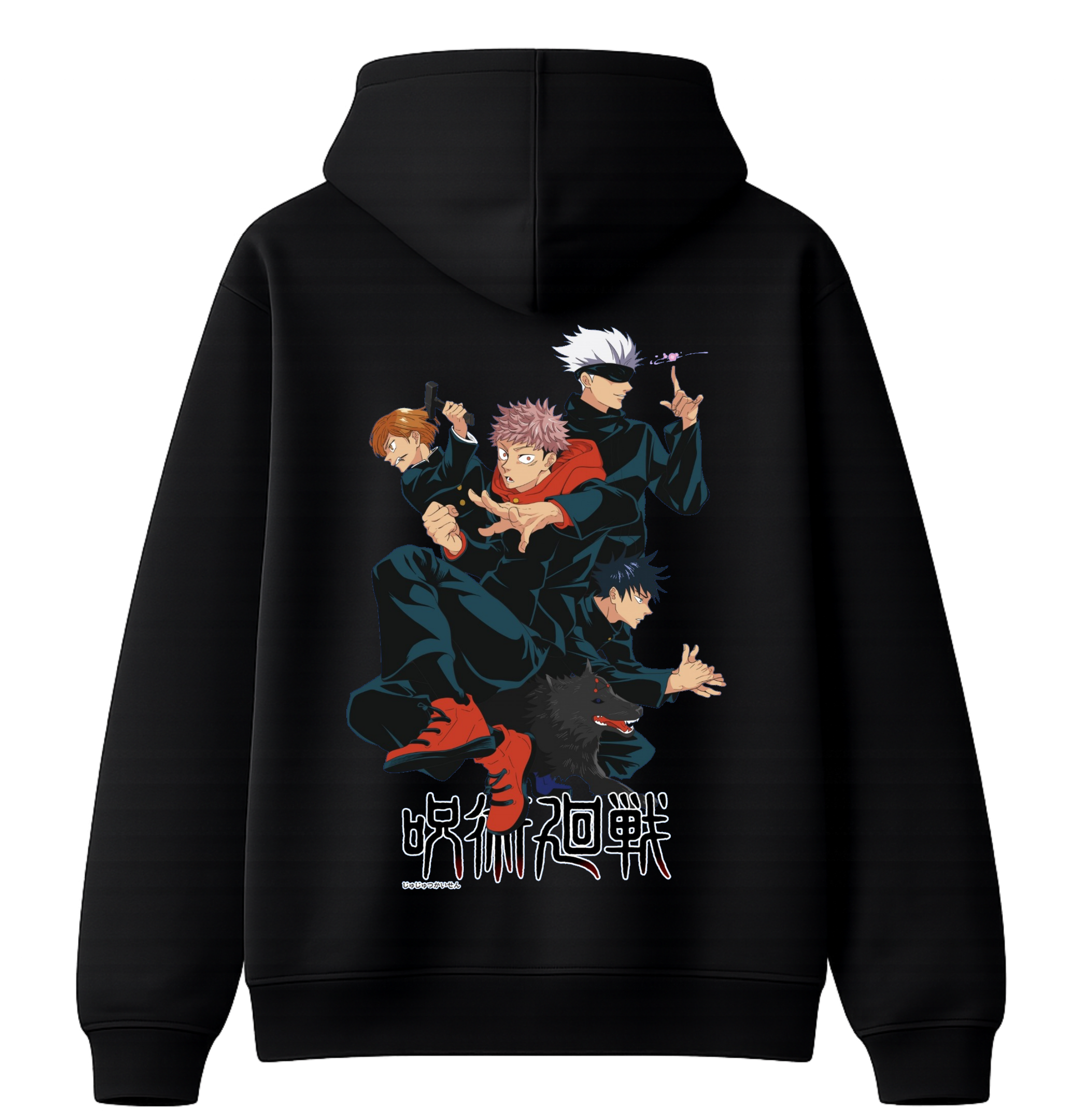 Black Jujutsu Kaisen hoodie by ScandiAnime featuring character artwork and comfortable hooded design.