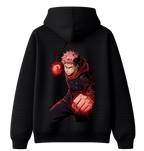 ScandiAnime Yuji hoodie featuring a black hoodie with a graphic design of Yuji character from Untitled Project, front view.