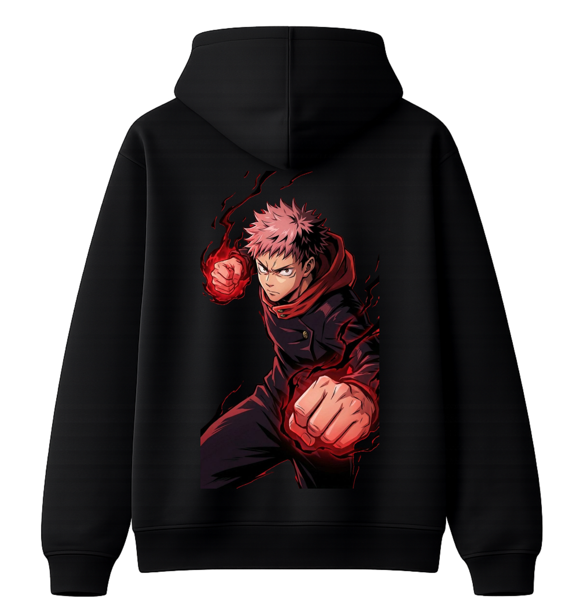ScandiAnime Yuji hoodie featuring a black hoodie with a graphic design of Yuji character from Untitled Project, front view.