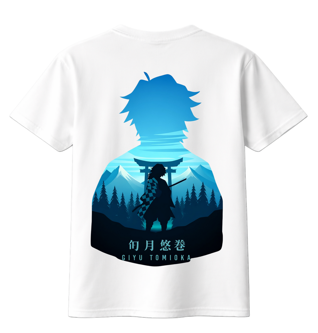White t-shirt with blue and black graphic design on the back featuring a silhouette of a character with a torii gate and mountain.