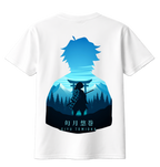White t-shirt with blue and black graphic design on the back featuring a silhouette of a character with a torii gate and mountain.