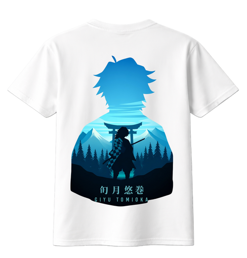 White t-shirt with blue and black graphic design on the back featuring a silhouette of a character with a torii gate and mountain.