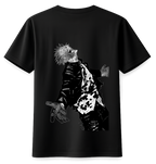 ScandiAnime Gojo T-Shirt featuring a graphic print of Gojo Satoru from Jujutsu Kaisen on a black cotton T-shirt.