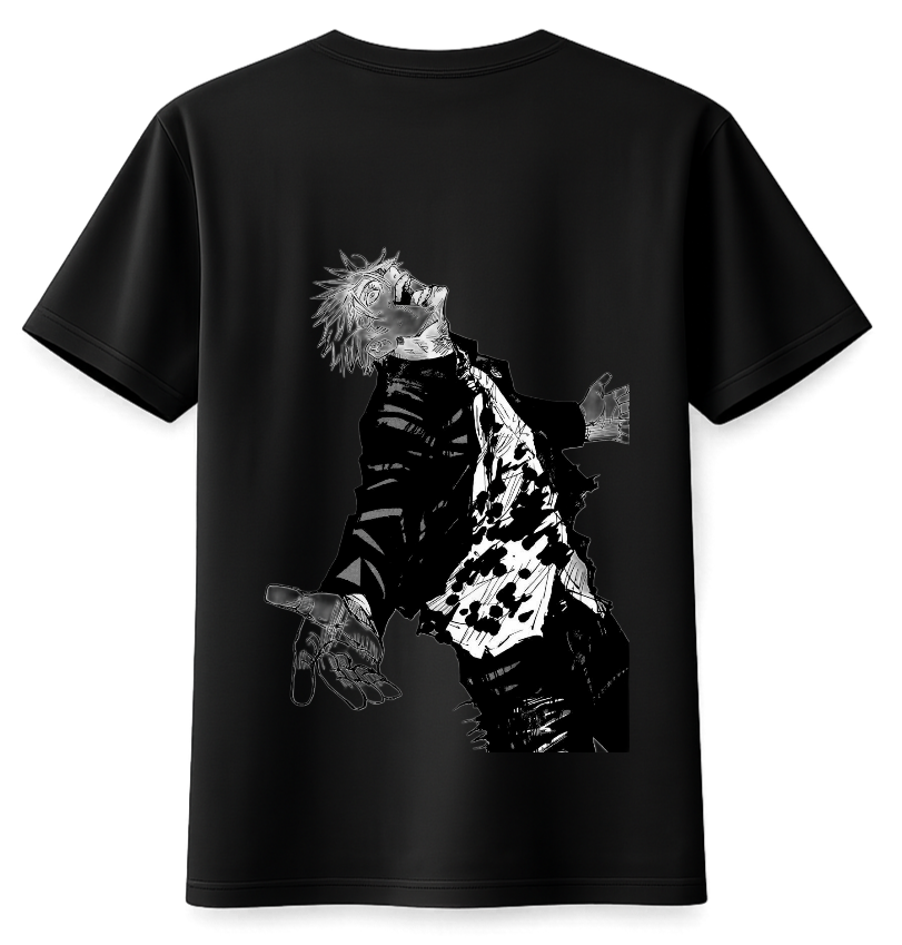 ScandiAnime Gojo T-Shirt featuring a graphic print of Gojo Satoru from Jujutsu Kaisen on a black cotton T-shirt.