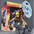 Action figure of a character from an anime series with a colorful box in the background