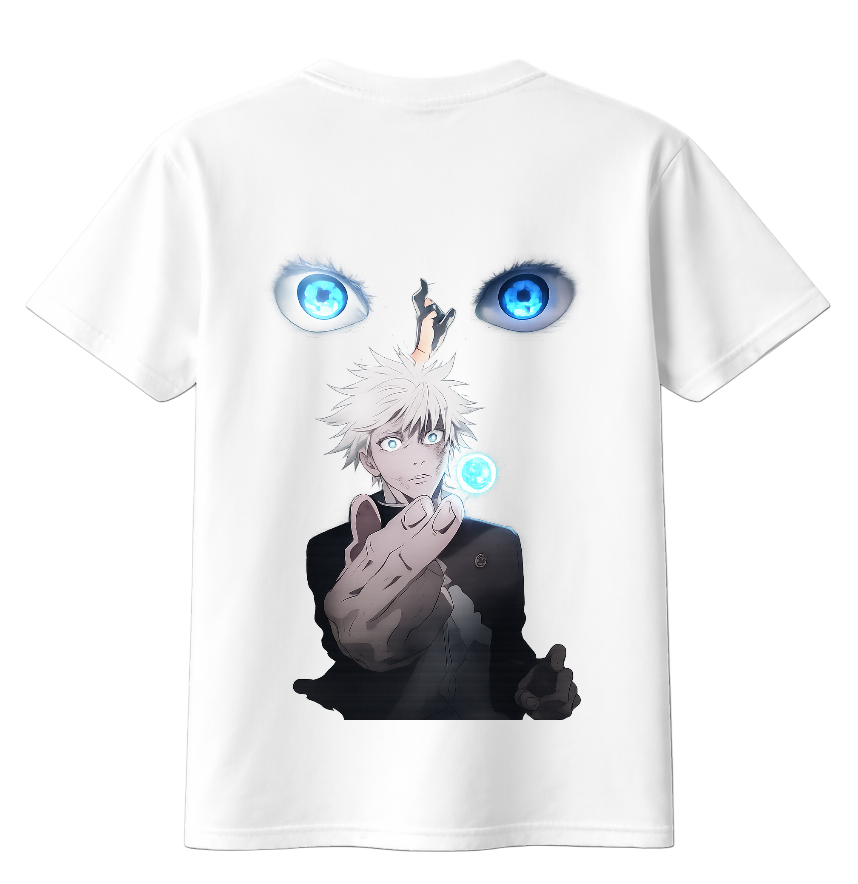 Black Satoru Gojo T-Shirt by ScandiAnime featuring a detailed graphic print of the anime character on the front.