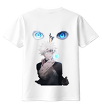 Black Satoru Gojo T-Shirt by ScandiAnime featuring a detailed graphic print of the anime character on the front.