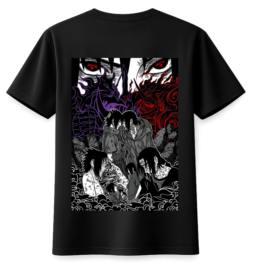 ScandiAnime Sasuke and Itachi T-Shirt featuring detailed graphic print of the Naruto characters on a black fabric background.