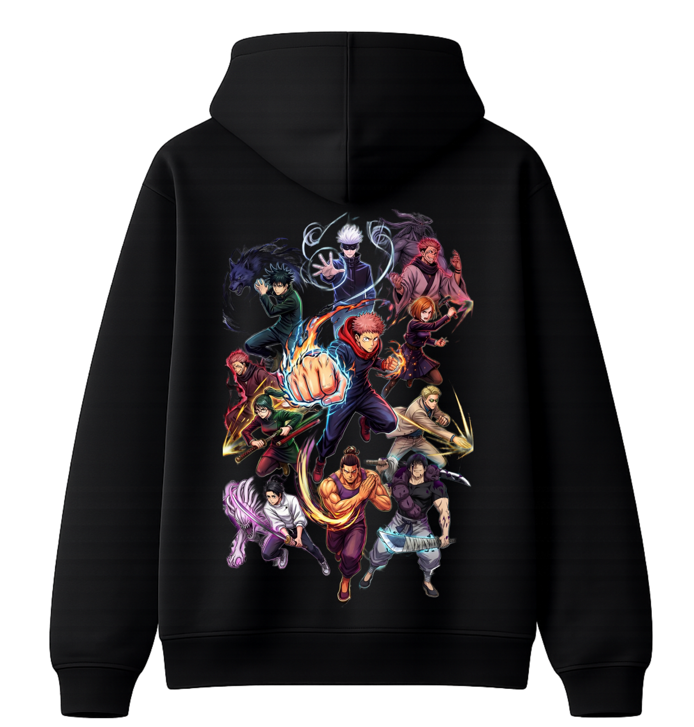 Black Jujutsu Kaisen hoodie by ScandiAnime featuring character graphic and comfortable hoodie design, front view.