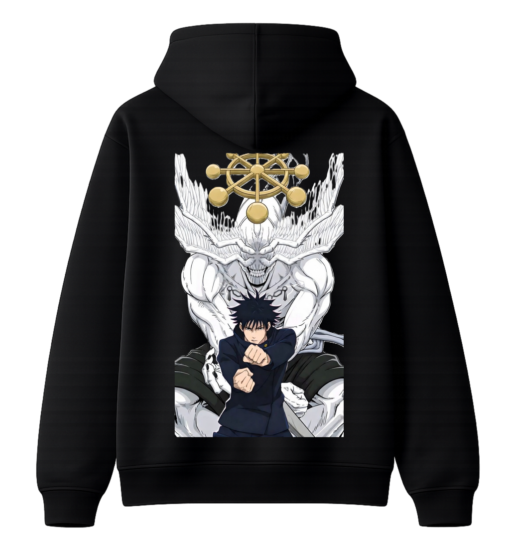 ScandiAnime Megumi hoodie featuring a comfortable black hoodie with a graphic design of Megumi from Untitled Project.