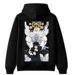 ScandiAnime Megumi hoodie featuring a comfortable black hoodie with a graphic design of Megumi from Untitled Project.