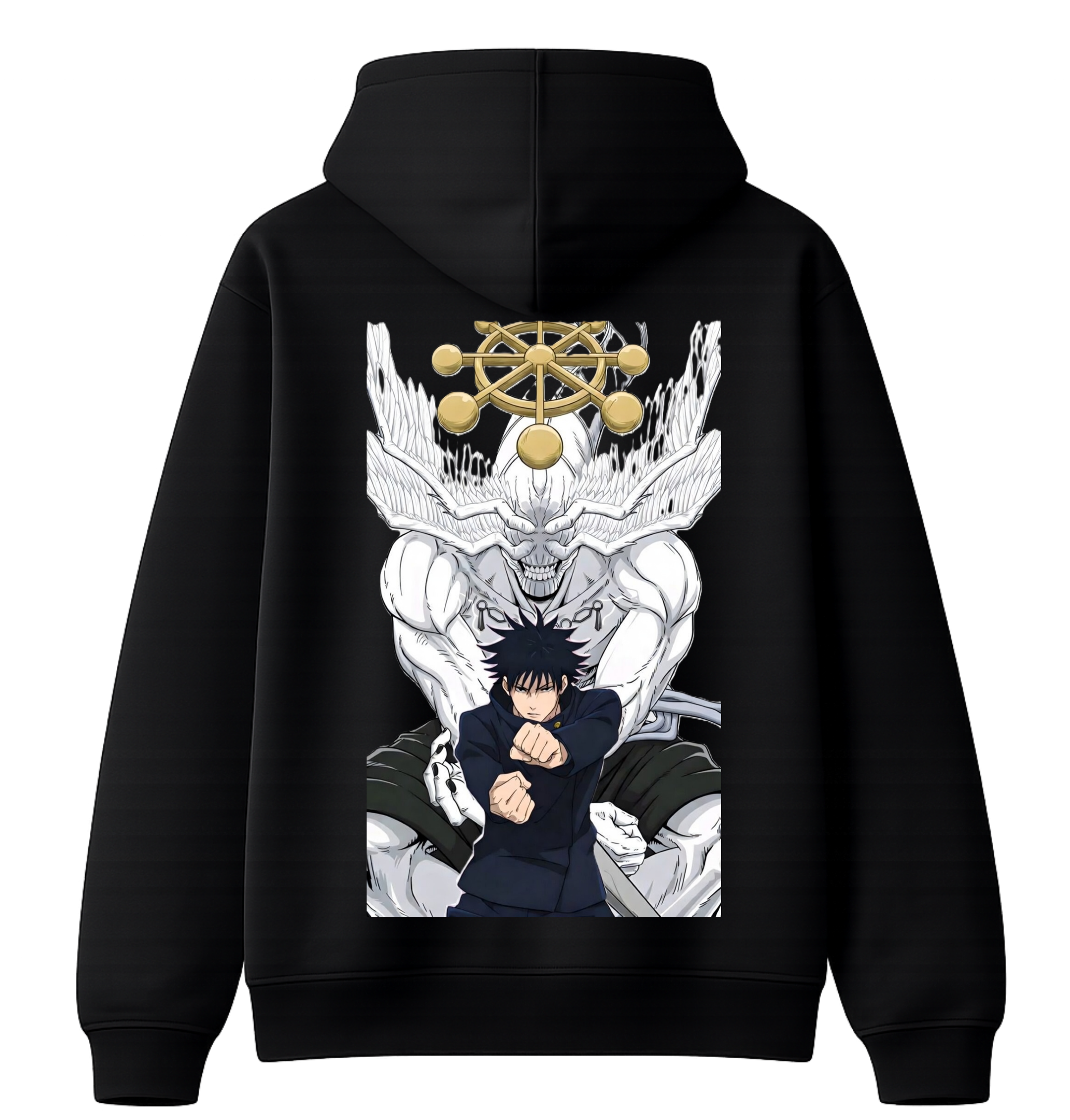 ScandiAnime Megumi hoodie featuring a comfortable black hoodie with a graphic design of Megumi from Untitled Project.
