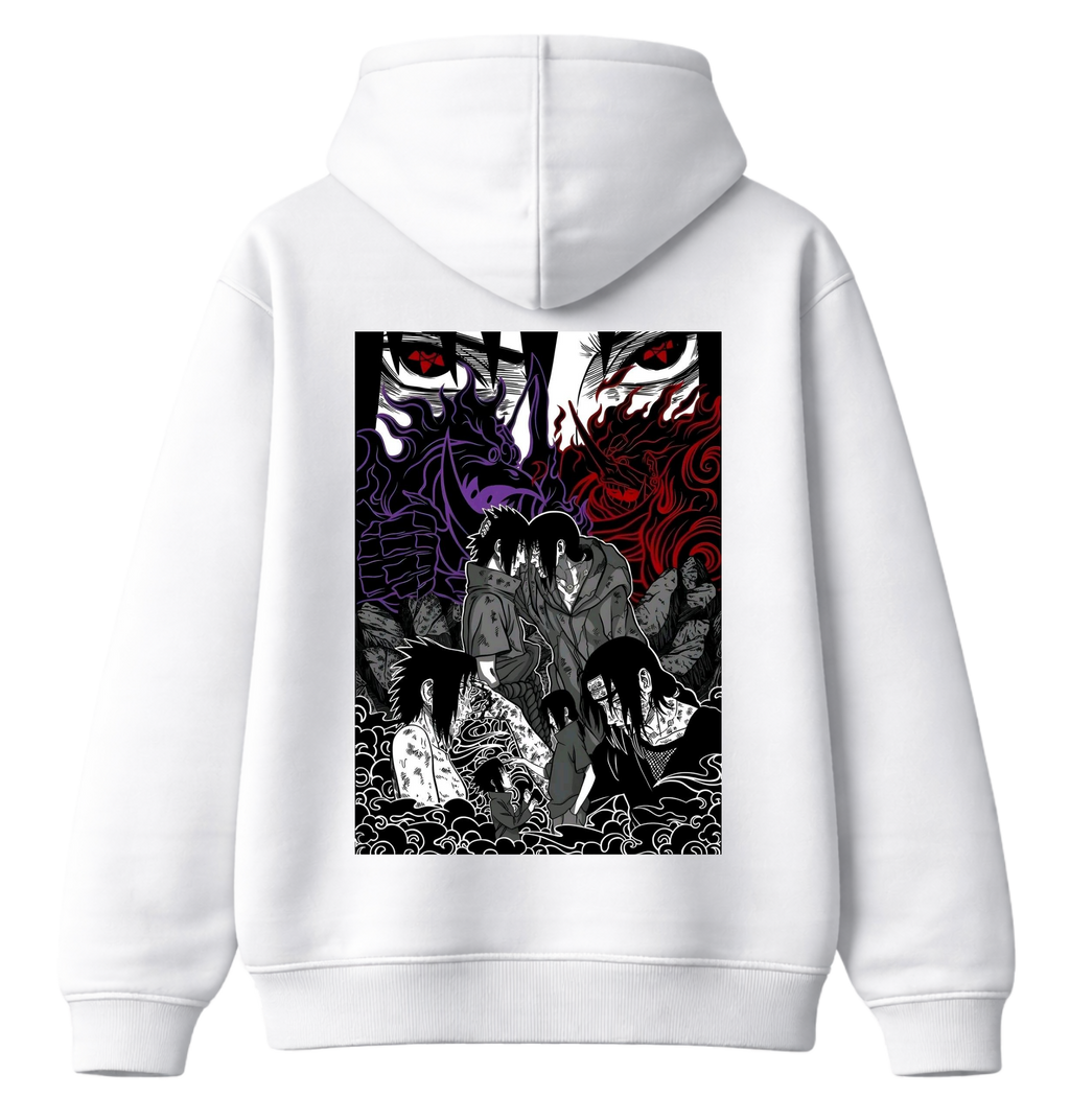 ScandiAnime Sasuke and Itachi hoodie featuring detailed character illustrations on a comfortable black hoodie.