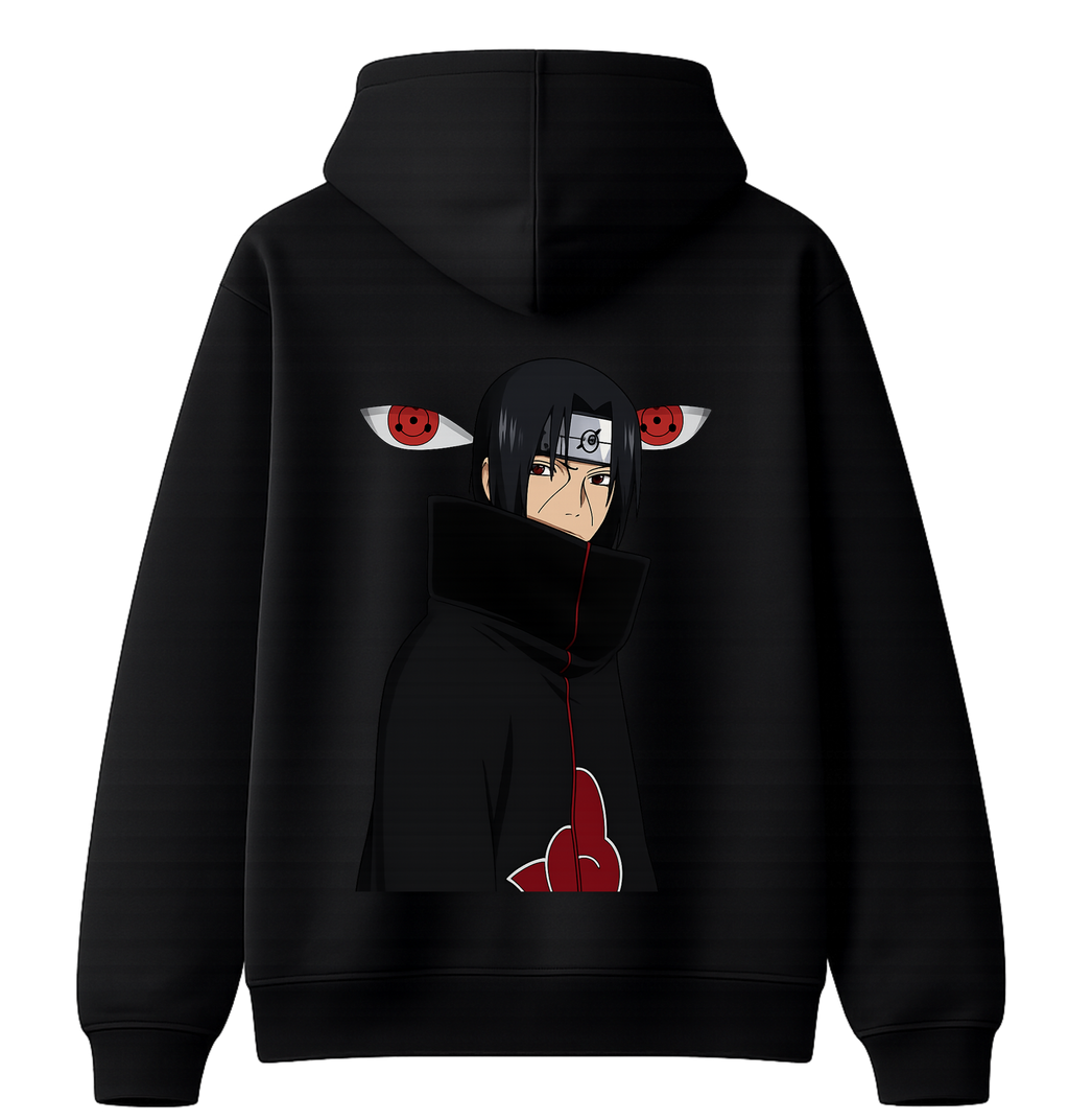 Itachi Uchiha hoodie from ScandiAnime featuring a detailed print of Itachi's face and Sharingan eyes on a dark fabric.