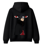 Itachi Uchiha hoodie from ScandiAnime featuring a detailed print of Itachi's face and Sharingan eyes on a dark fabric.
