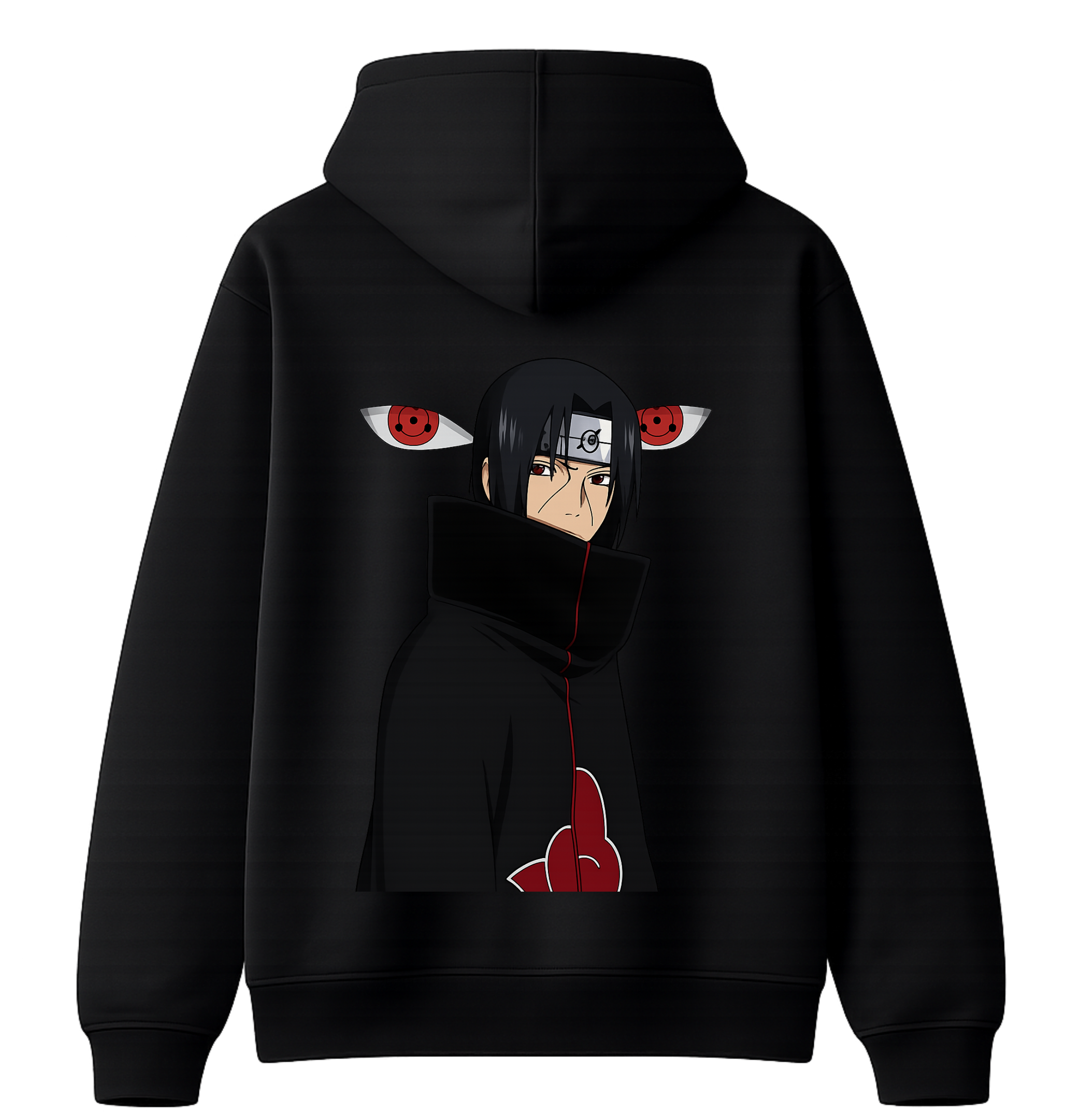 Itachi Uchiha hoodie from ScandiAnime featuring a detailed print of Itachi's face and Sharingan eyes on a dark fabric.