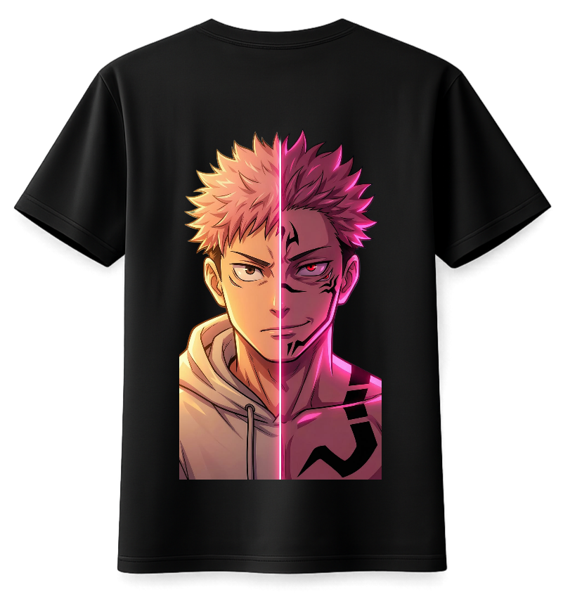 ScandiAnime Yuji and Sukuna T-Shirt featuring manga-style characters on a black fabric background.