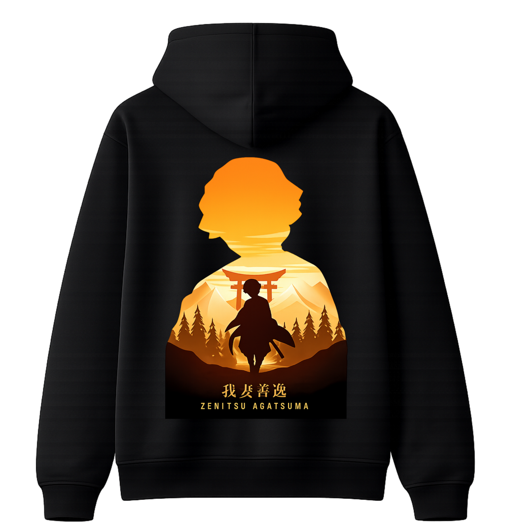 ScandiAnime Zenitsu hoodie featuring a detailed graphic of Zenitsu from Demon Slayer on dark fabric.