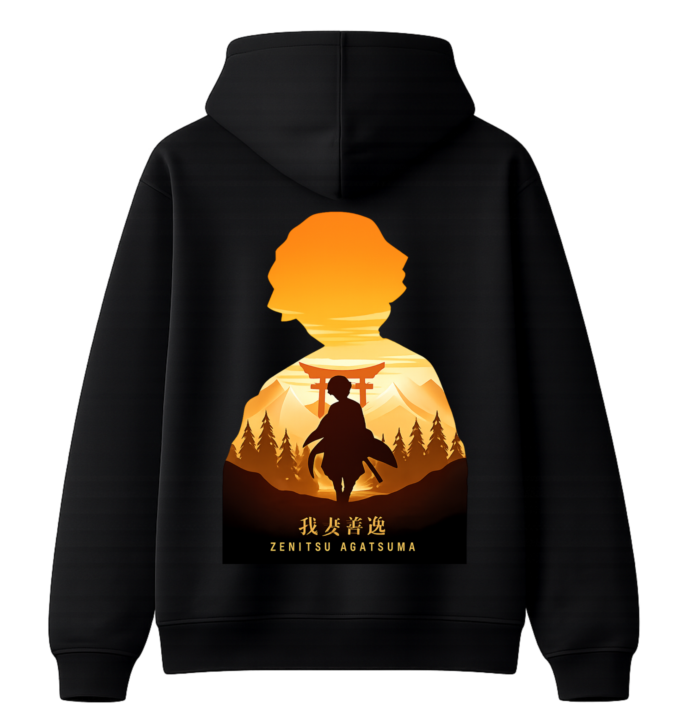 ScandiAnime Zenitsu hoodie featuring a detailed graphic of Zenitsu from Demon Slayer on dark fabric.