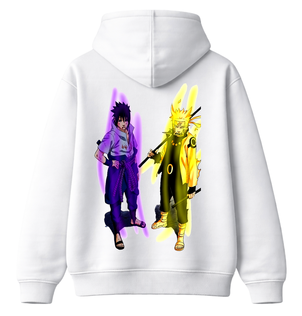 Naruto and Sasuke hoodie by ScandiAnime featuring characters from the popular anime series, black hoodie with colorful character prints.