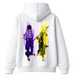 Naruto and Sasuke hoodie by ScandiAnime featuring characters from the popular anime series, black hoodie with colorful character prints.