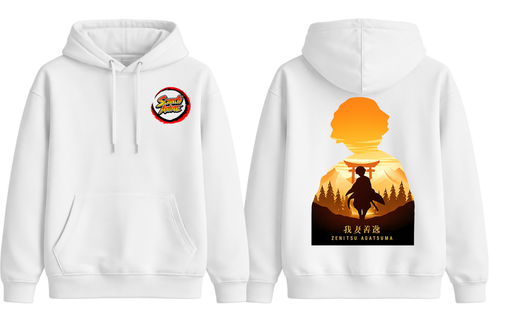 White Zenitsu hoodie from ScandiAnime, featuring a comfortable fit and detailed design inspired by the anime character.