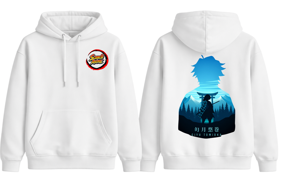 White Giyu hoodie from ScandiAnime, soft fabric, with detailed Giyu character design, perfect for anime fans and casual wear.