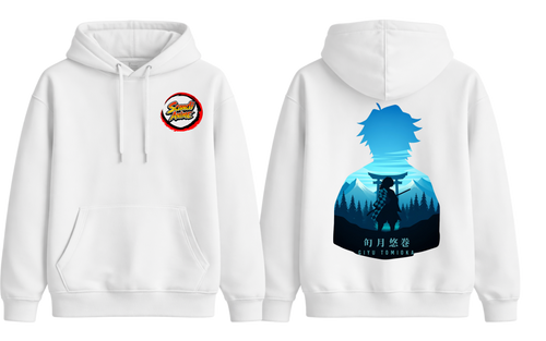 White Giyu hoodie from ScandiAnime, soft fabric, with detailed Giyu character design, perfect for anime fans and casual wear.
