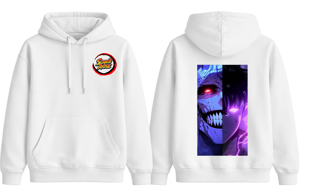 White Sung Jinwoo hoodie from ScandiAnime featuring a comfortable design and detailed graphic of the popular character.