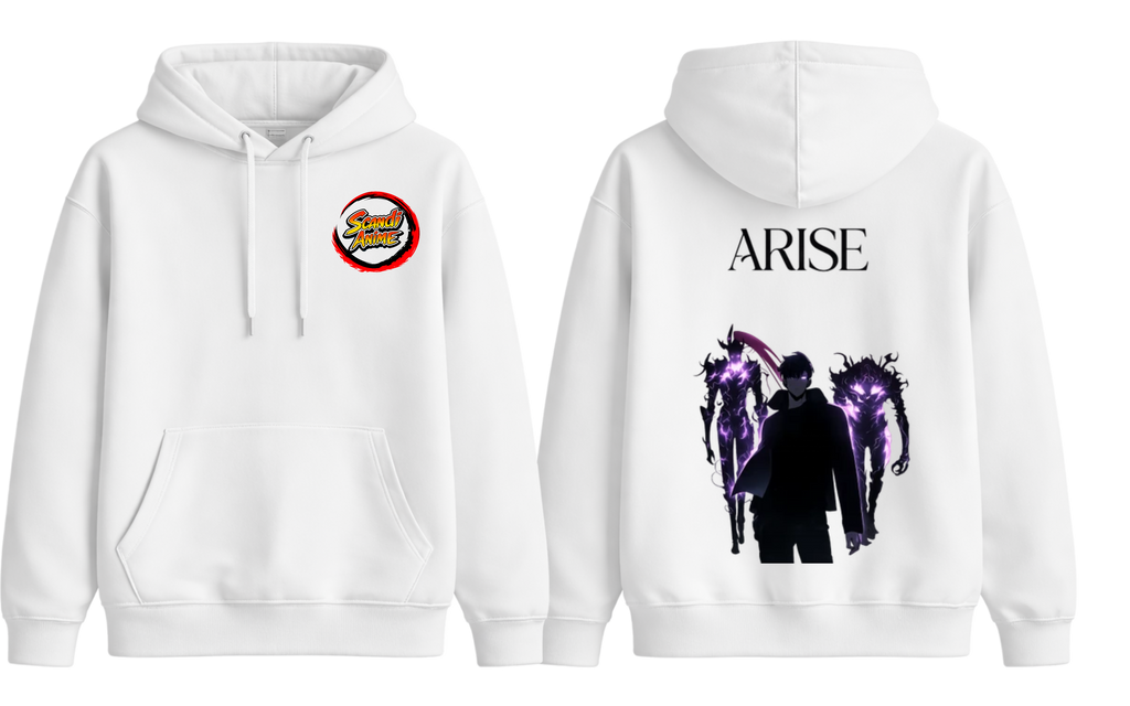 White Solo Leveling Arise Hoodie by ScandiAnime featuring a graphic design on the front, casual fit, and soft fabric.