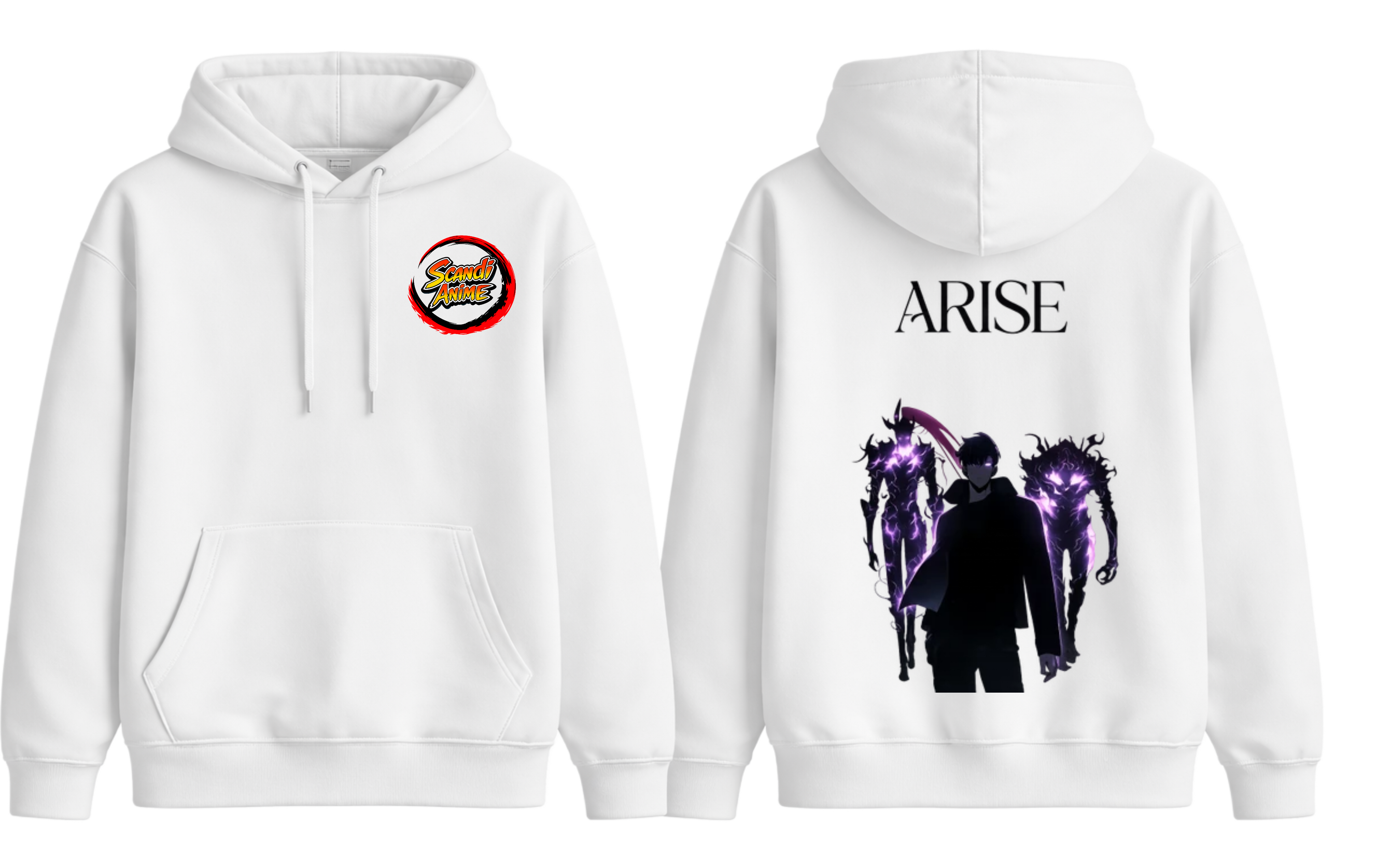 White Solo Leveling Arise Hoodie by ScandiAnime featuring a graphic design on the front, casual fit, and soft fabric.