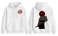 White Sasuke Uchiha hoodie by ScandiAnime featuring a front graphic design and comfortable casual fit.