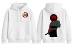 White Sasuke Uchiha hoodie by ScandiAnime featuring a front graphic design and comfortable casual fit.