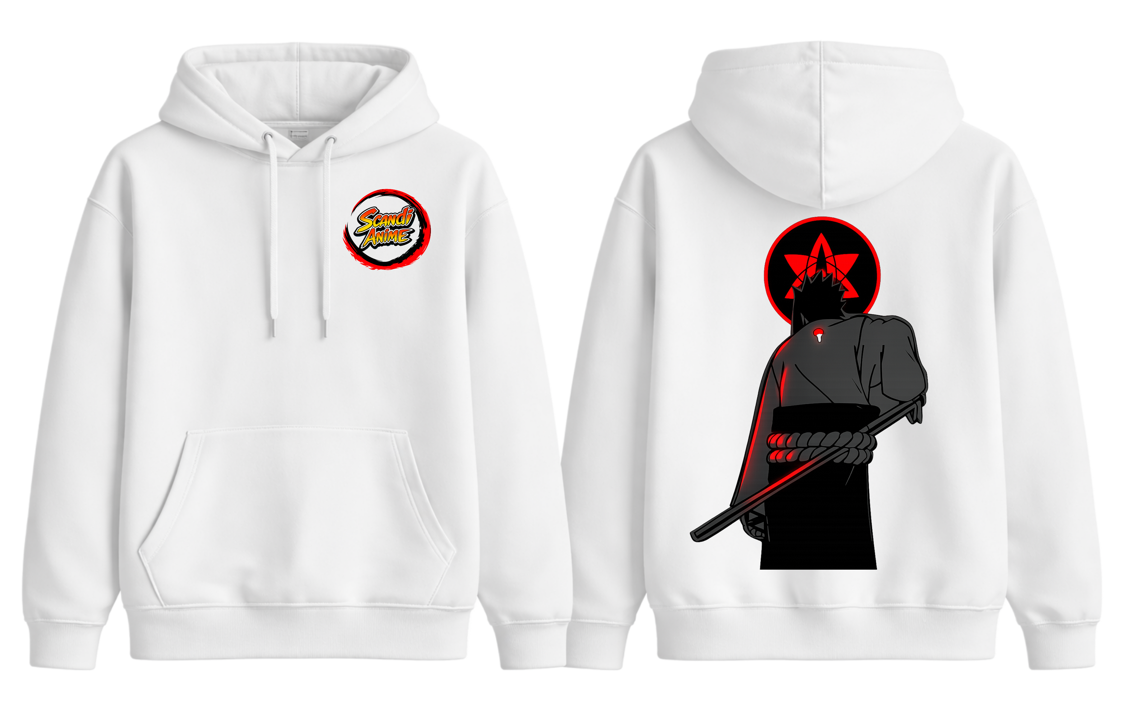 White Sasuke Uchiha hoodie by ScandiAnime featuring a front graphic design and comfortable casual fit.