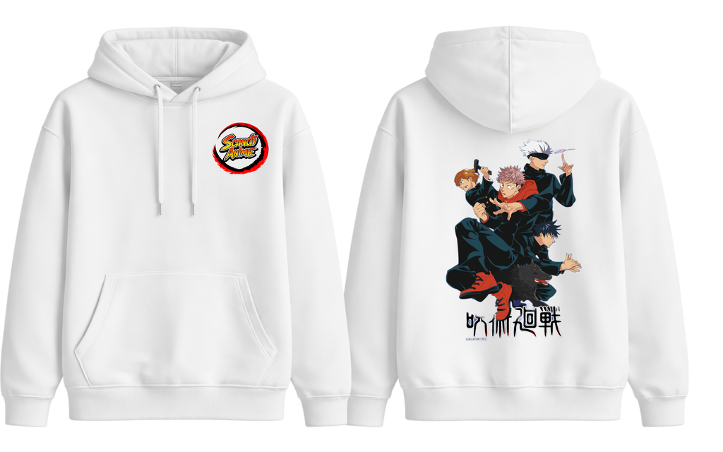 White Jujutsu Kaisen hoodie from ScandiAnime featuring character artwork, soft fabric, and a comfortable fit.