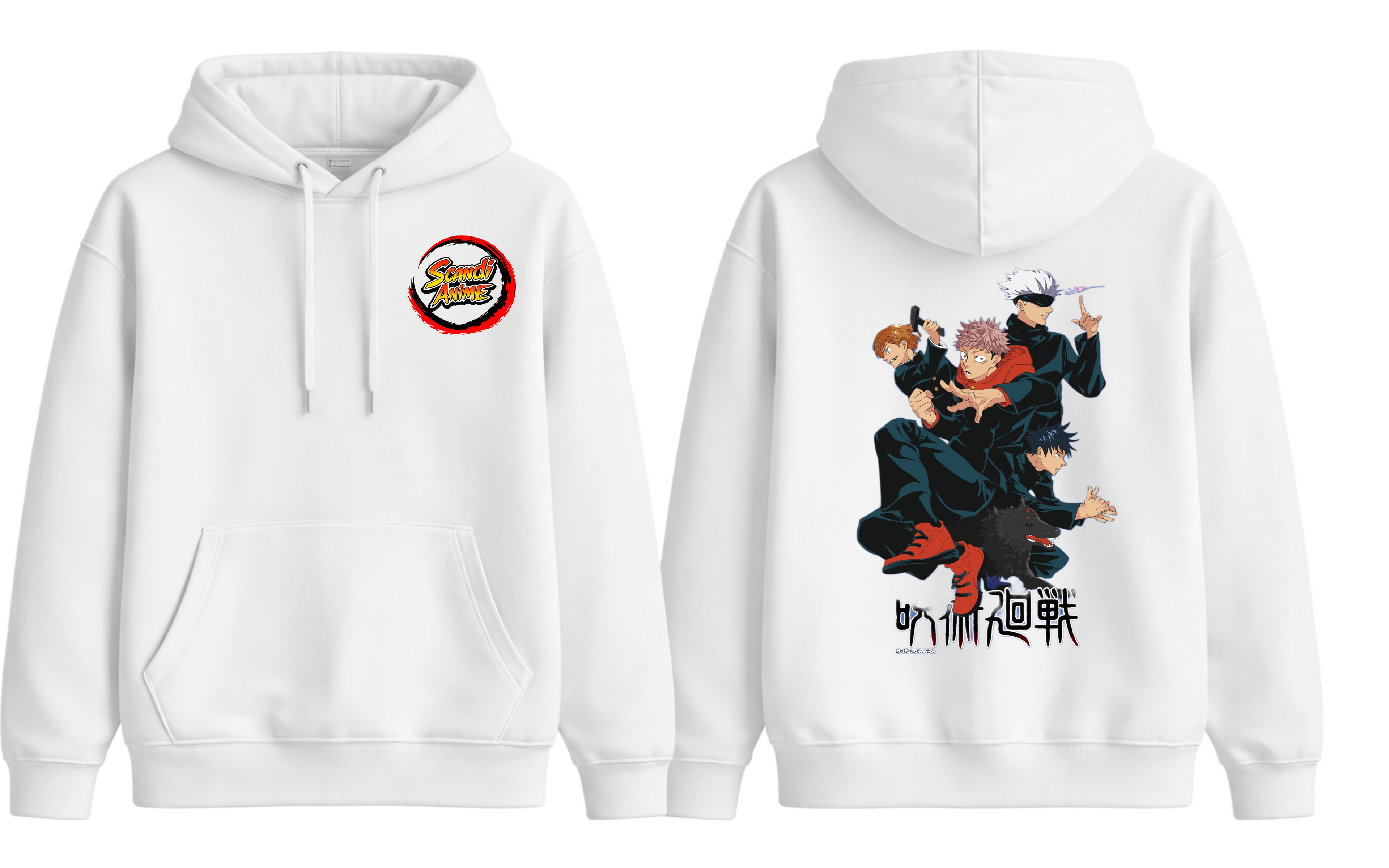 White Jujutsu Kaisen hoodie from ScandiAnime featuring character artwork, soft fabric, and a comfortable fit.