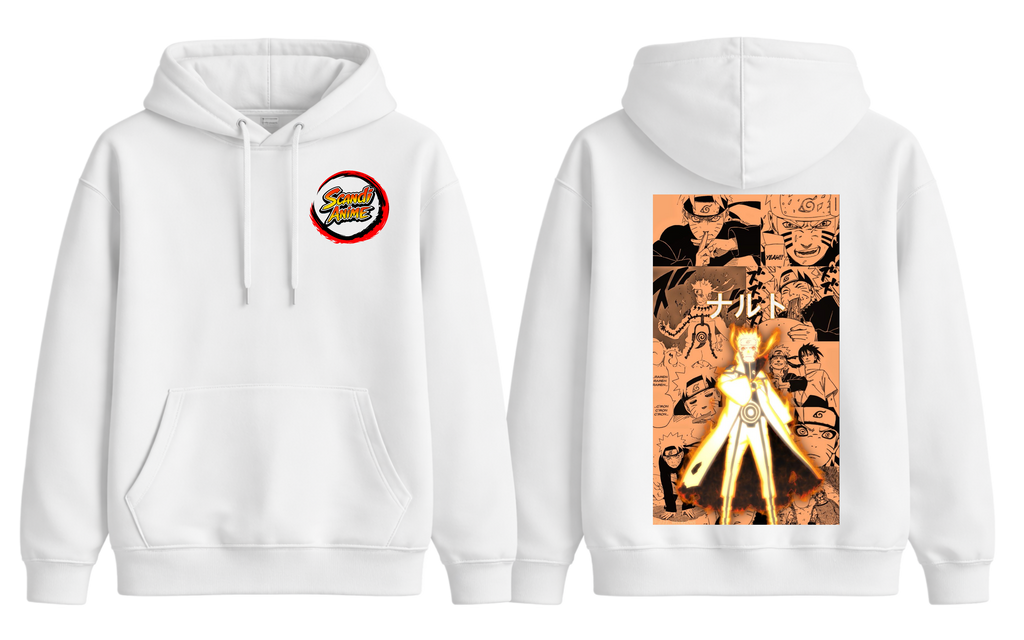 White Naruto Uzumaki hoodie by ScandiAnime featuring a front graphic of Naruto's face and signature orange accents.