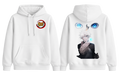 White ScandiAnime Gojo hoodie with logo and manga-inspired design, casual fit, perfect for anime fans and streetwear style.