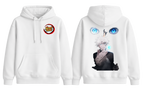 White ScandiAnime Gojo hoodie with logo and manga-inspired design, casual fit, perfect for anime fans and streetwear style.