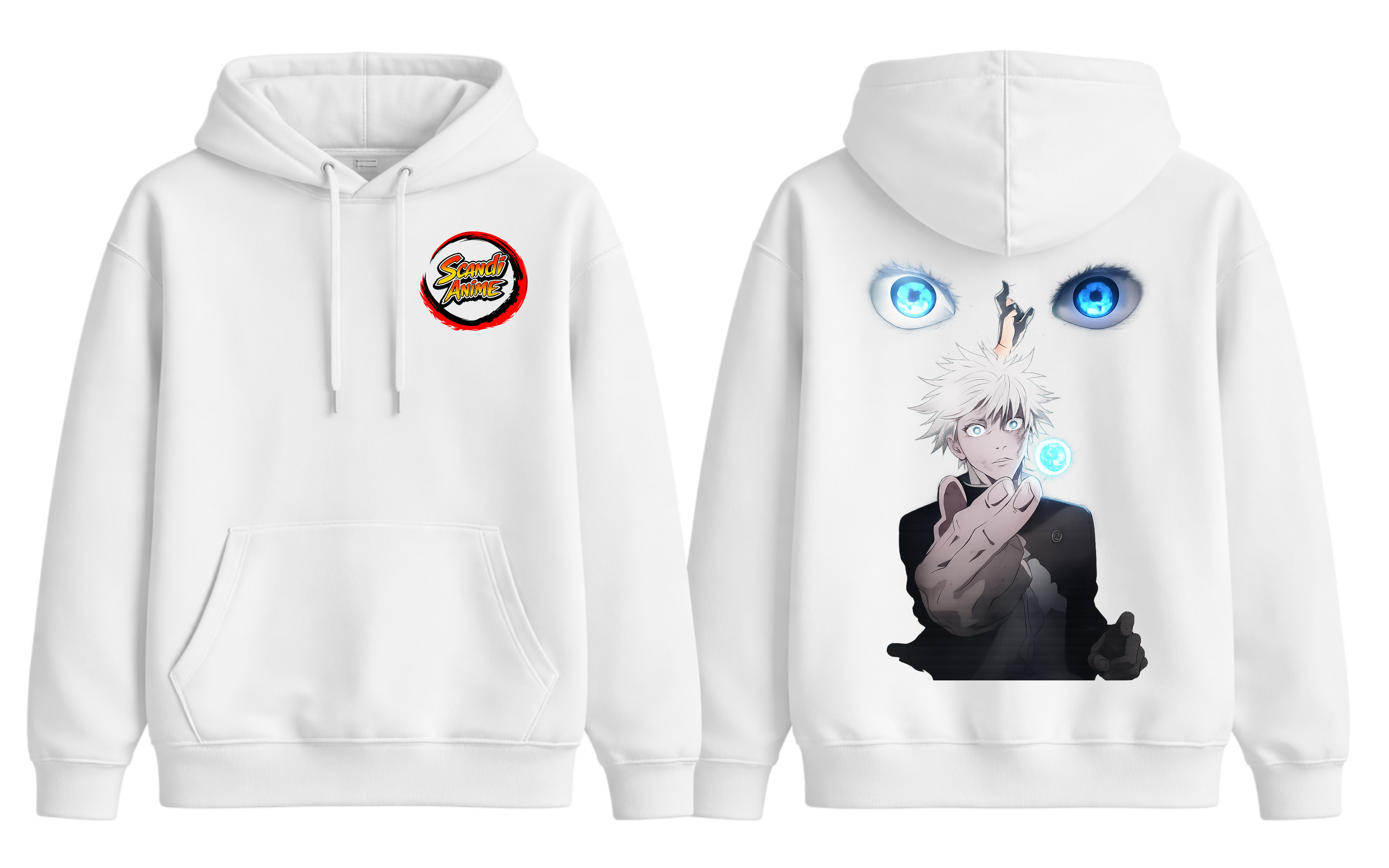 White ScandiAnime Gojo hoodie with logo and manga-inspired design, casual fit, perfect for anime fans and streetwear style.