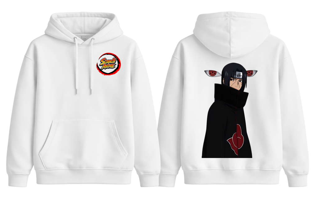 White Itachi Uchiha hoodie from ScandiAnime featuring a detailed print of Itachi Uchiha’s face and clan symbol.