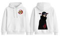 White Itachi Uchiha hoodie from ScandiAnime featuring a detailed print of Itachi Uchiha’s face and clan symbol.