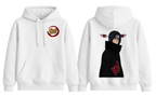 White Itachi Uchiha hoodie from ScandiAnime featuring a detailed print of Itachi Uchiha’s face and clan symbol.