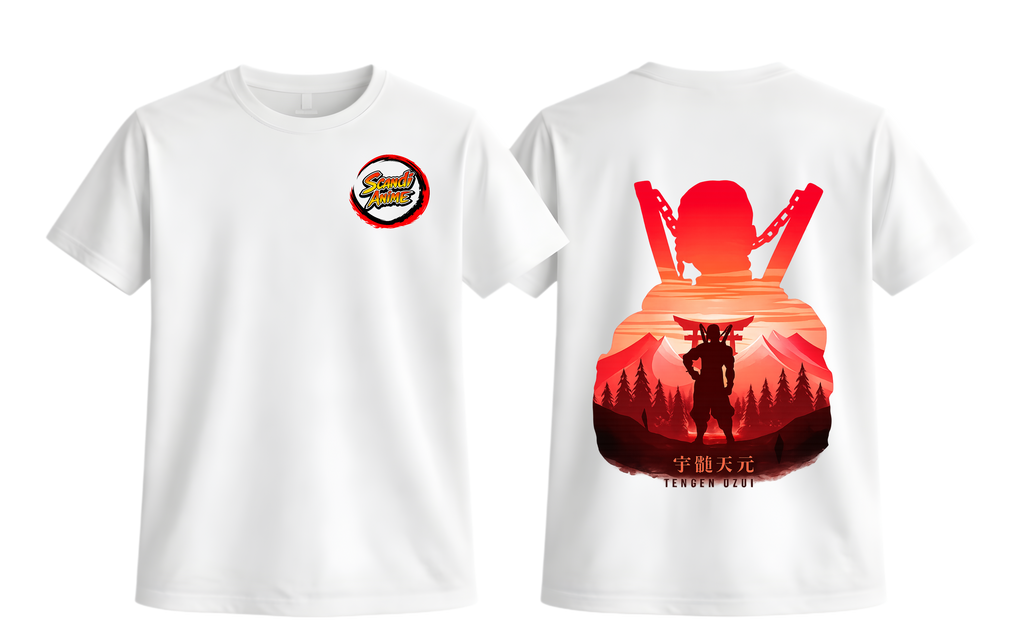 White Tengen T-Shirt by ScandiAnime featuring a bold design, made from soft cotton fabric, perfect for anime fans.