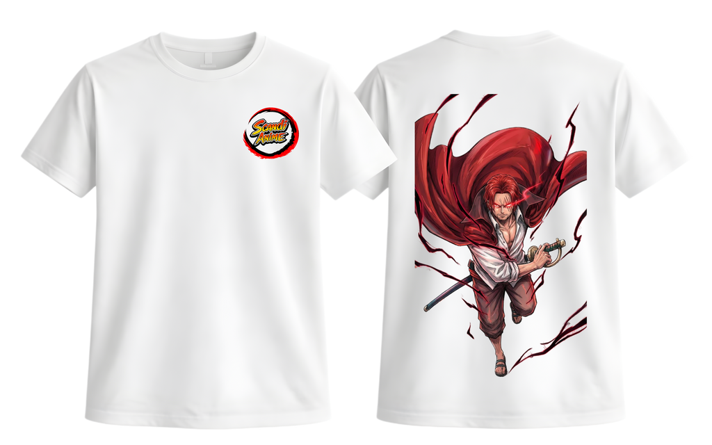 White t-shirt with a graphic design on the front and back, featuring a character with red hair and a logo.