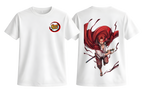 White t-shirt with a graphic design on the front and back, featuring a character with red hair and a logo.