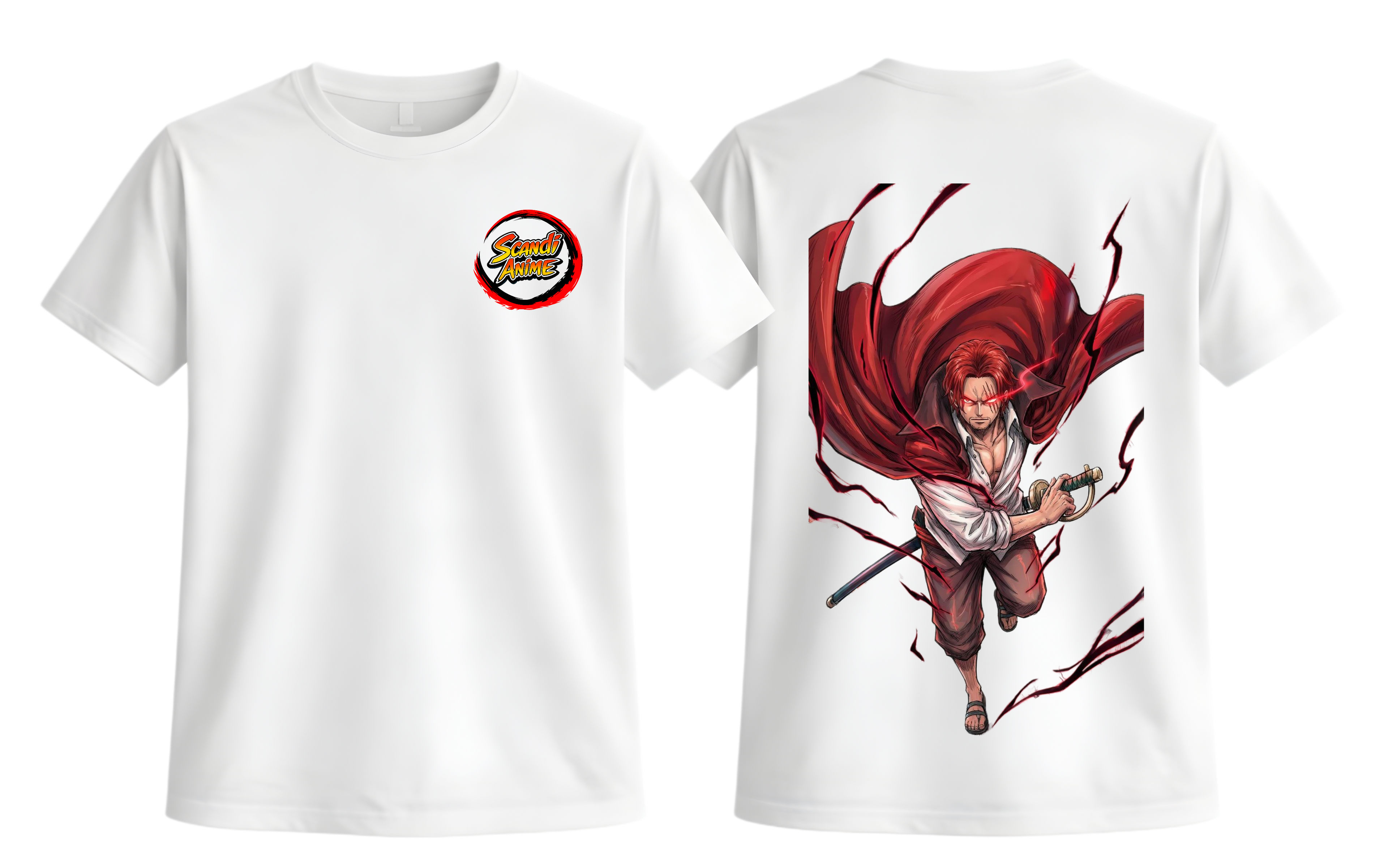 White t-shirt with a graphic design on the front and back, featuring a character with red hair and a logo.